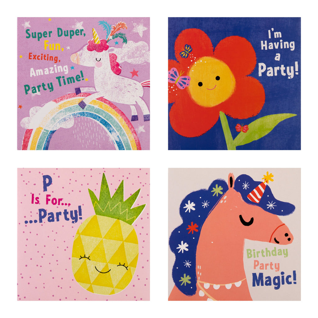 Kids Party Invitations Multipack - Pack of 20 Cute Unicorns, Flowers & Pineapple Designs