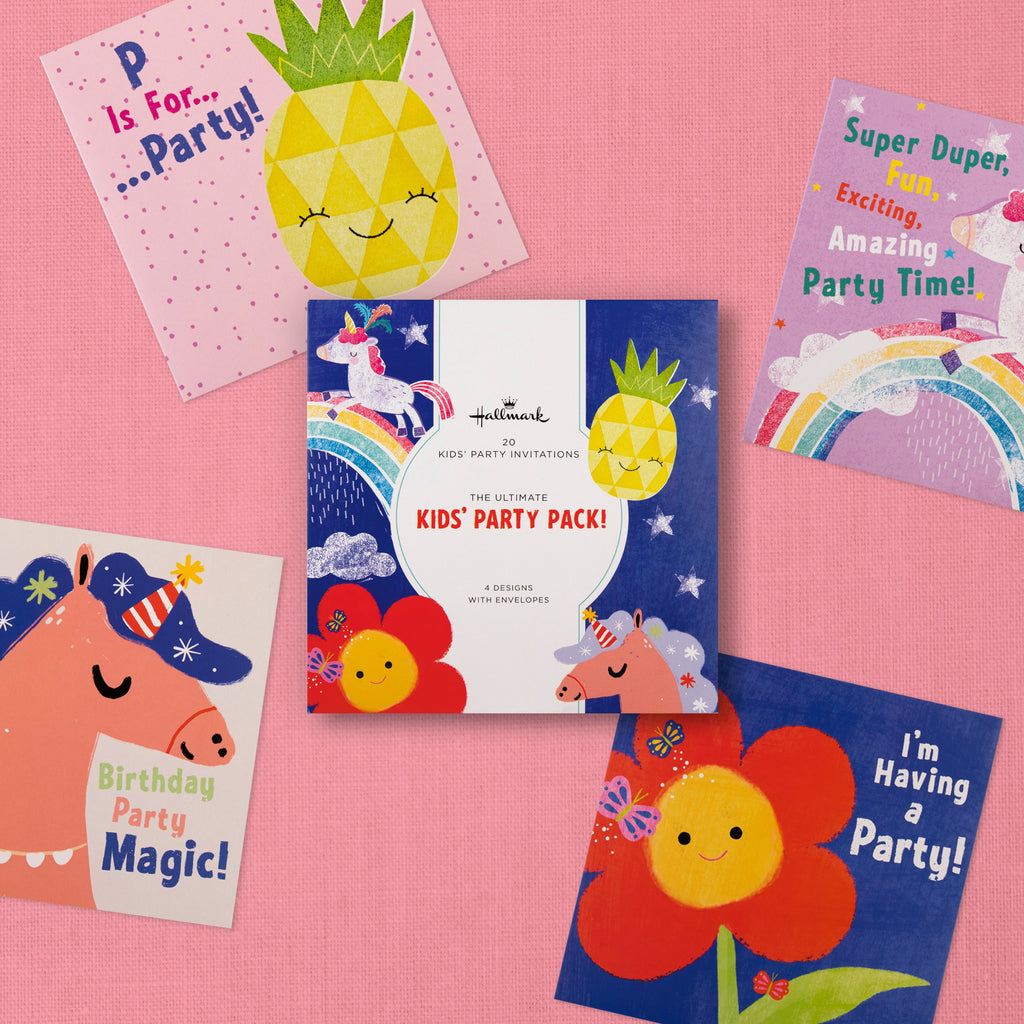 Kids Party Invitations Multipack - Pack of 20 Cute Unicorns, Flowers & Pineapple Designs