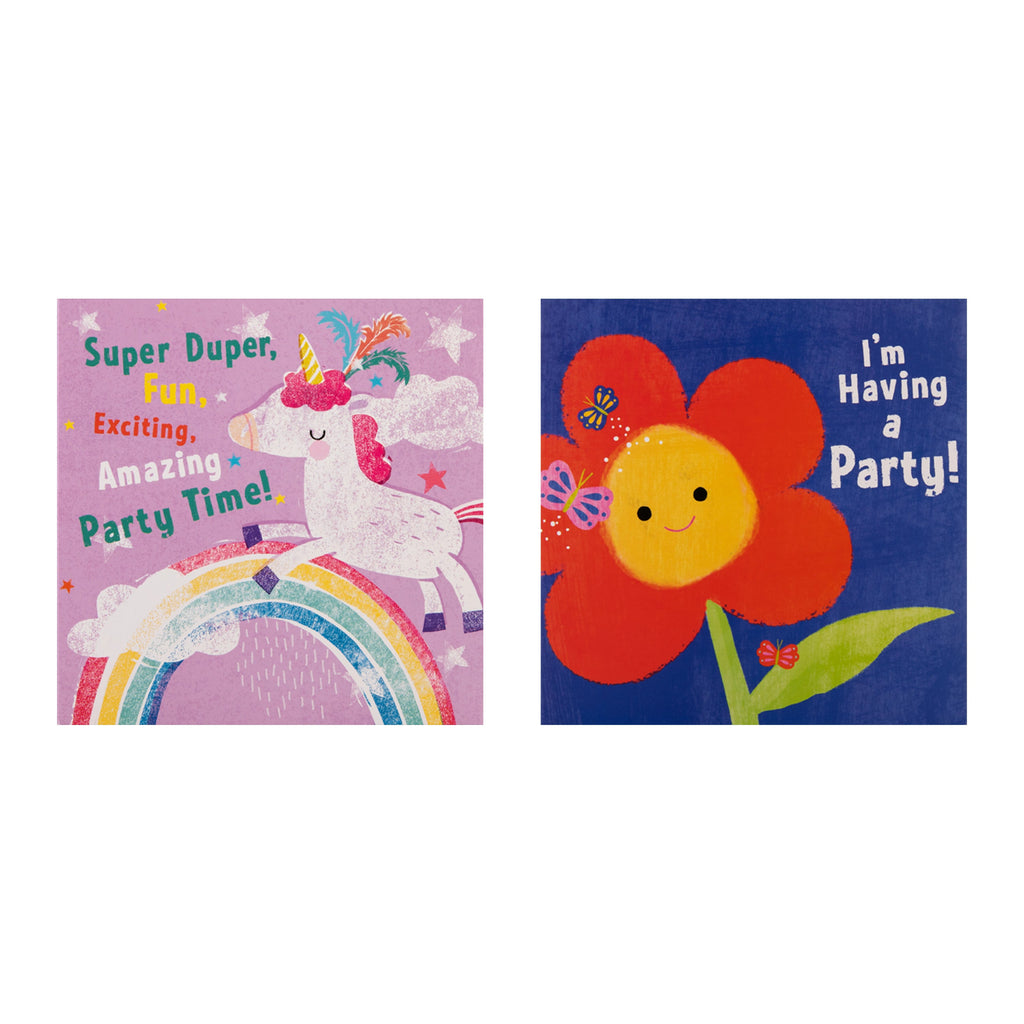 Kids Party Invitations Multipack - Pack of 20 Cute Unicorns, Flowers & Pineapple Designs