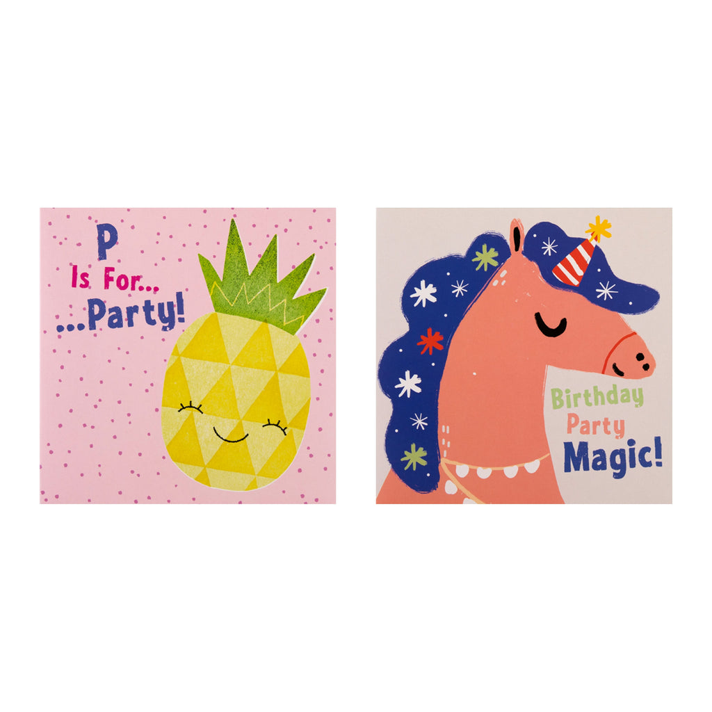 Kids Party Invitations Multipack - Pack of 20 Cute Unicorns, Flowers & Pineapple Designs