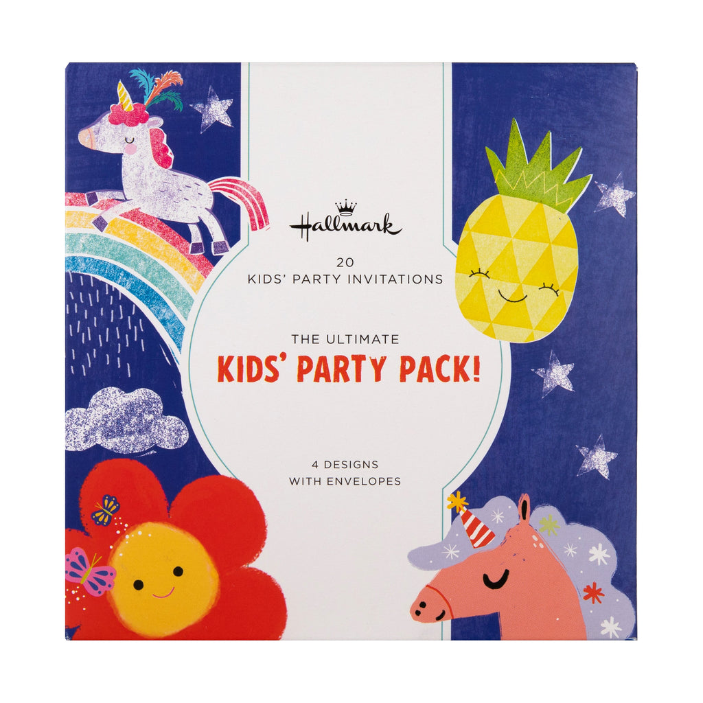 Kids Party Invitations Multipack - Pack of 20 Cute Unicorns, Flowers & Pineapple Designs