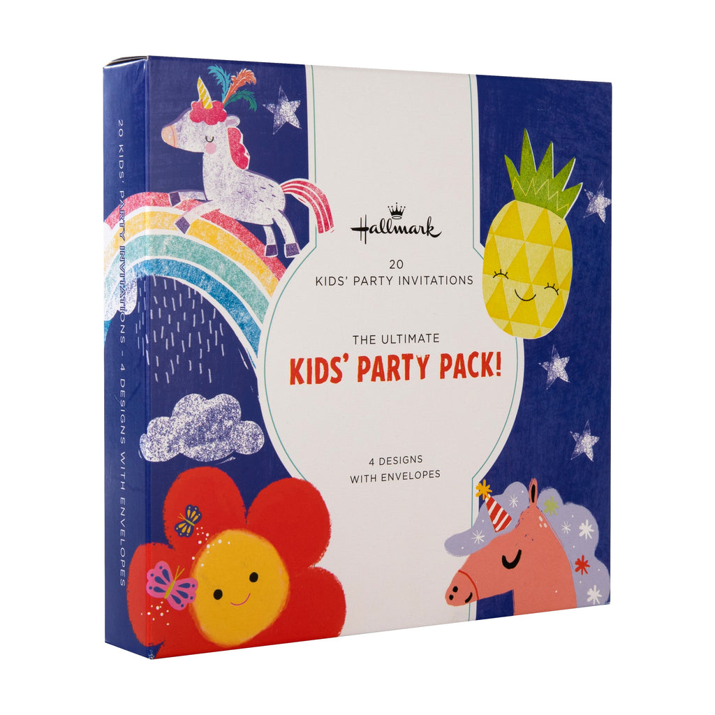 Kids Party Invitations Multipack - Pack of 20 Cute Unicorns, Flowers & Pineapple Designs