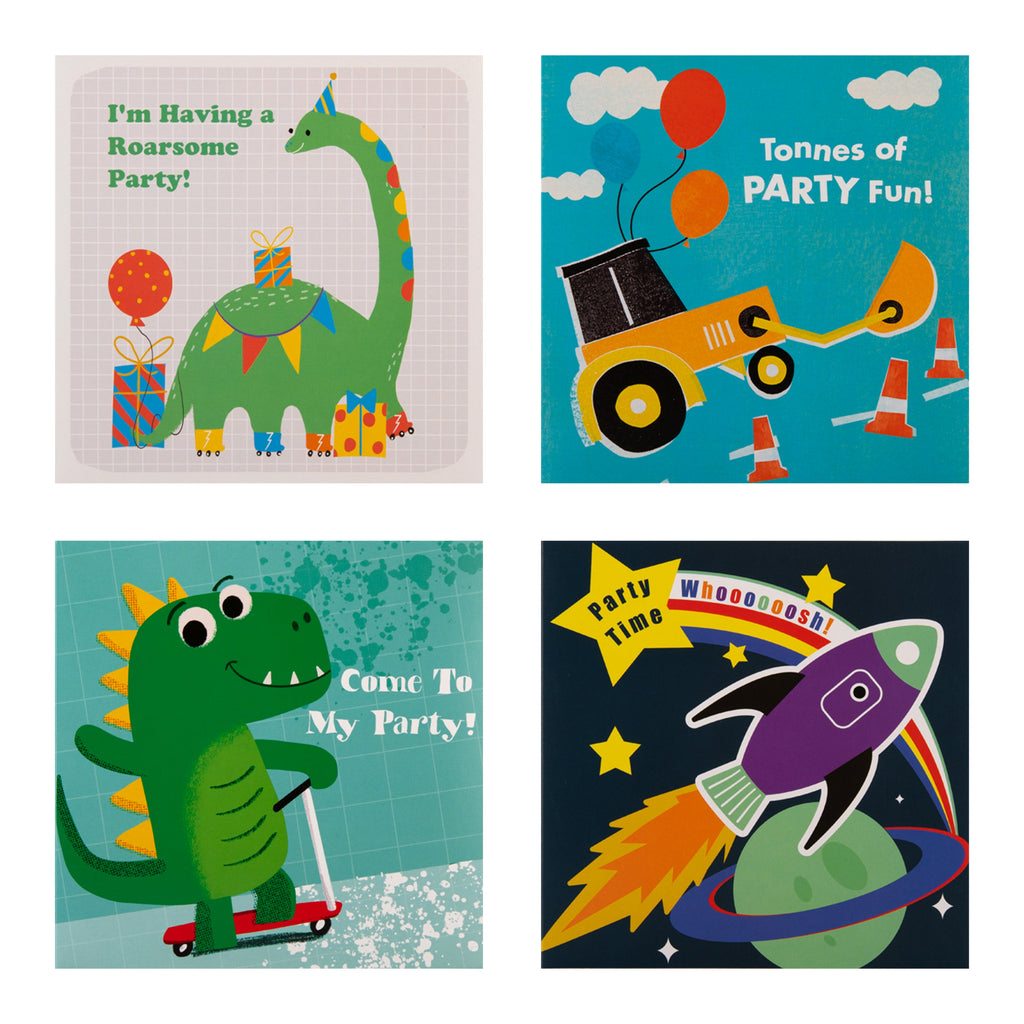 Kids Party Invitations Multipack - Pack of 20 Dinosaurs, Digger, Rocket Ship Designs