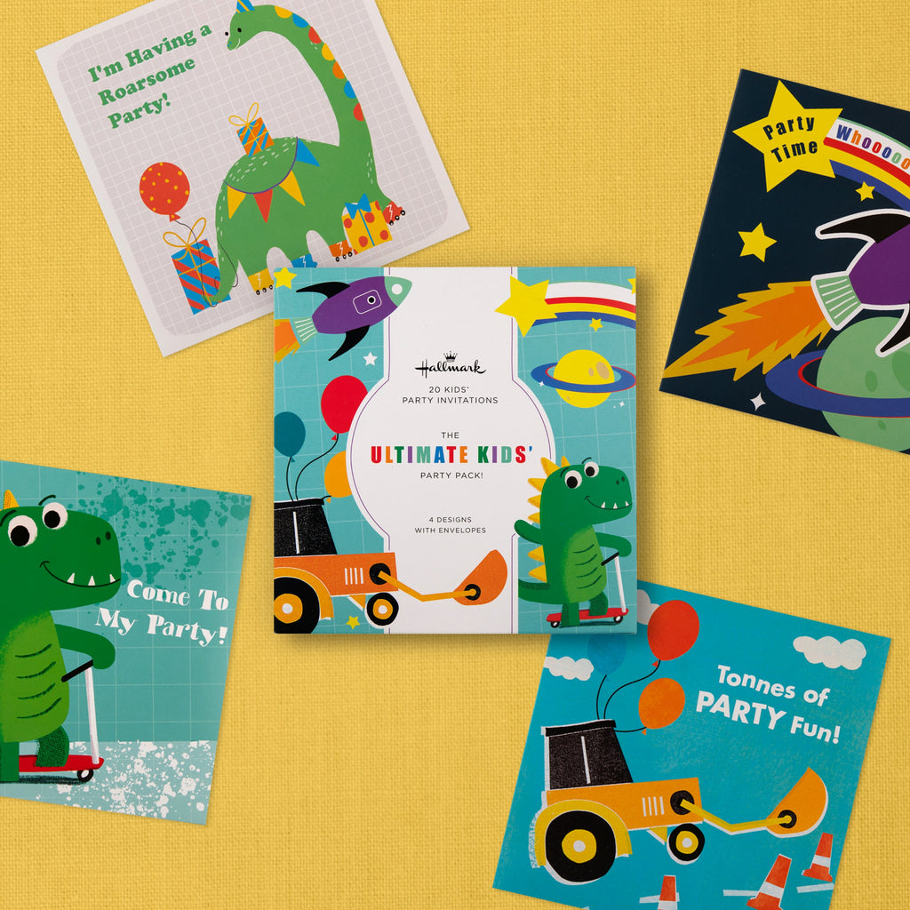 Kids Party Invitations Multipack - Pack of 20 Dinosaurs, Digger, Rocket Ship Designs