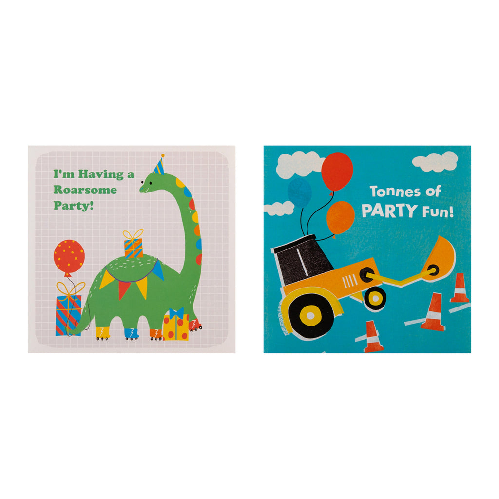 Kids Party Invitations Multipack - Pack of 20 Dinosaurs, Digger, Rocket Ship Designs