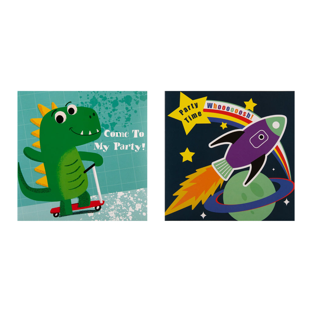 Kids Party Invitations Multipack - Pack of 20 Dinosaurs, Digger, Rocket Ship Designs