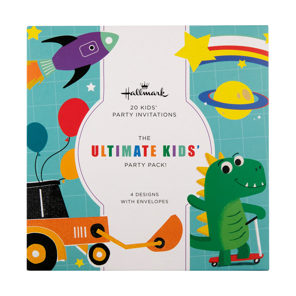 Kids Party Invitations Multipack - Pack of 20 Dinosaurs, Digger, Rocket Ship Designs