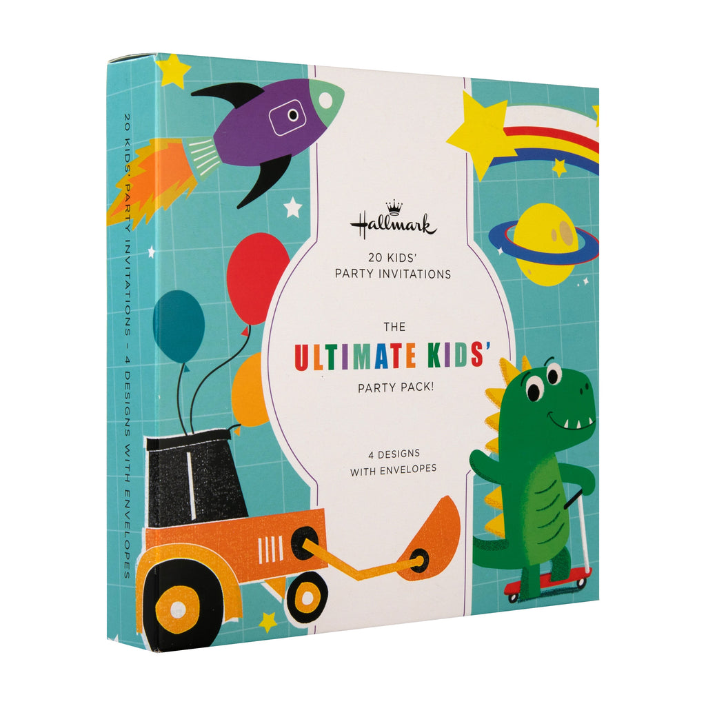 Kids Party Invitations Multipack - Pack of 20 Dinosaurs, Digger, Rocket Ship Designs