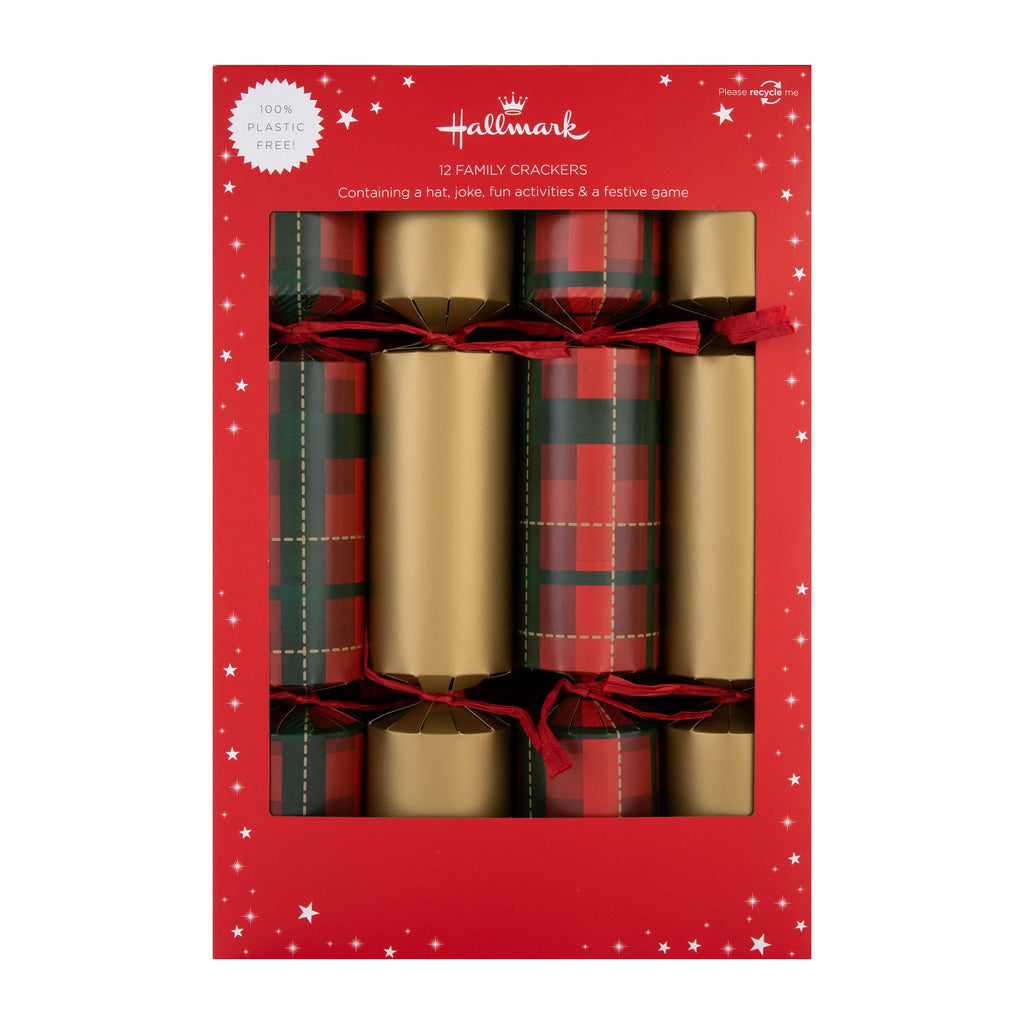 Christmas Crackers - Pack of 12 in 2 Gold & Tartan Designs