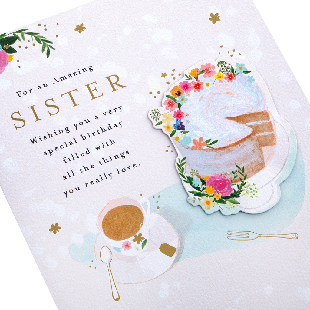 Birthday Card for Sister - Lucy Cromwell Cake, Tea & Flowers Design