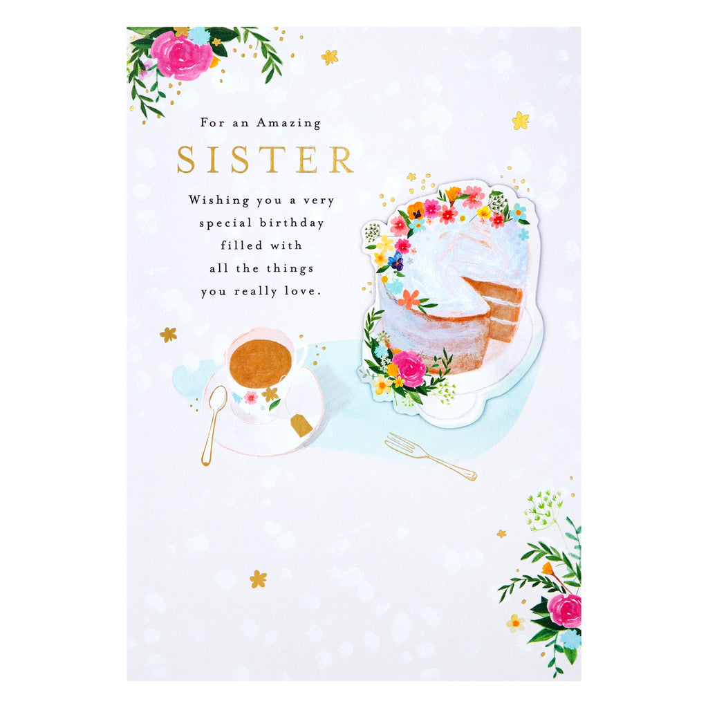 Birthday Card for Sister - Lucy Cromwell Cake, Tea & Flowers Design