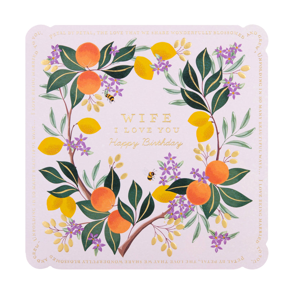 Birthday Card for Wife - White Lemon & Oranges Flower Border Design