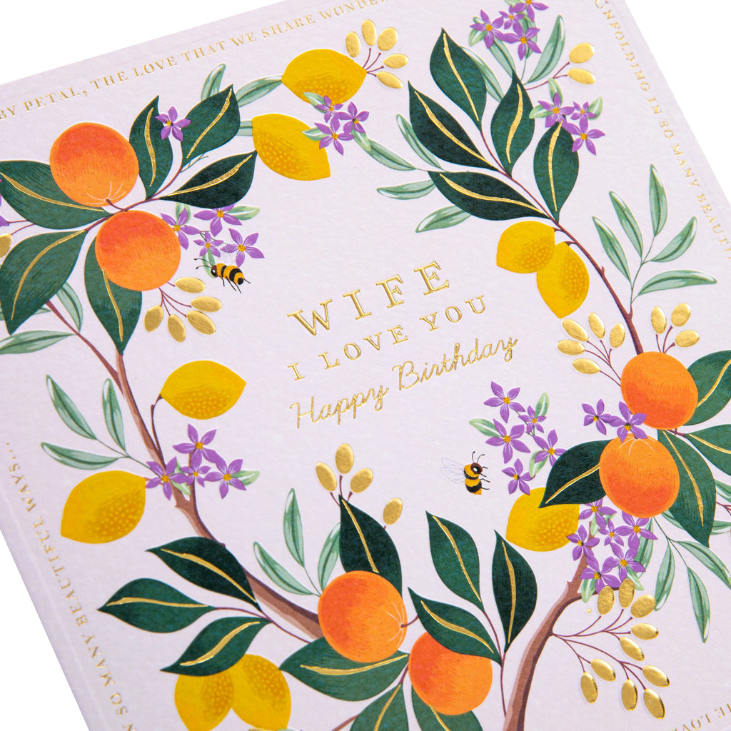 Birthday Card for Wife - White Lemon & Oranges Flower Border Design