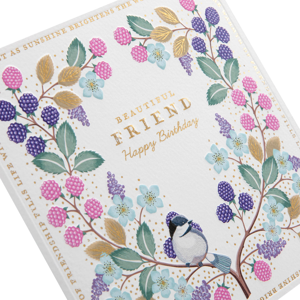 Birthday Card for Friend - Pink Flower Border with Bird Design