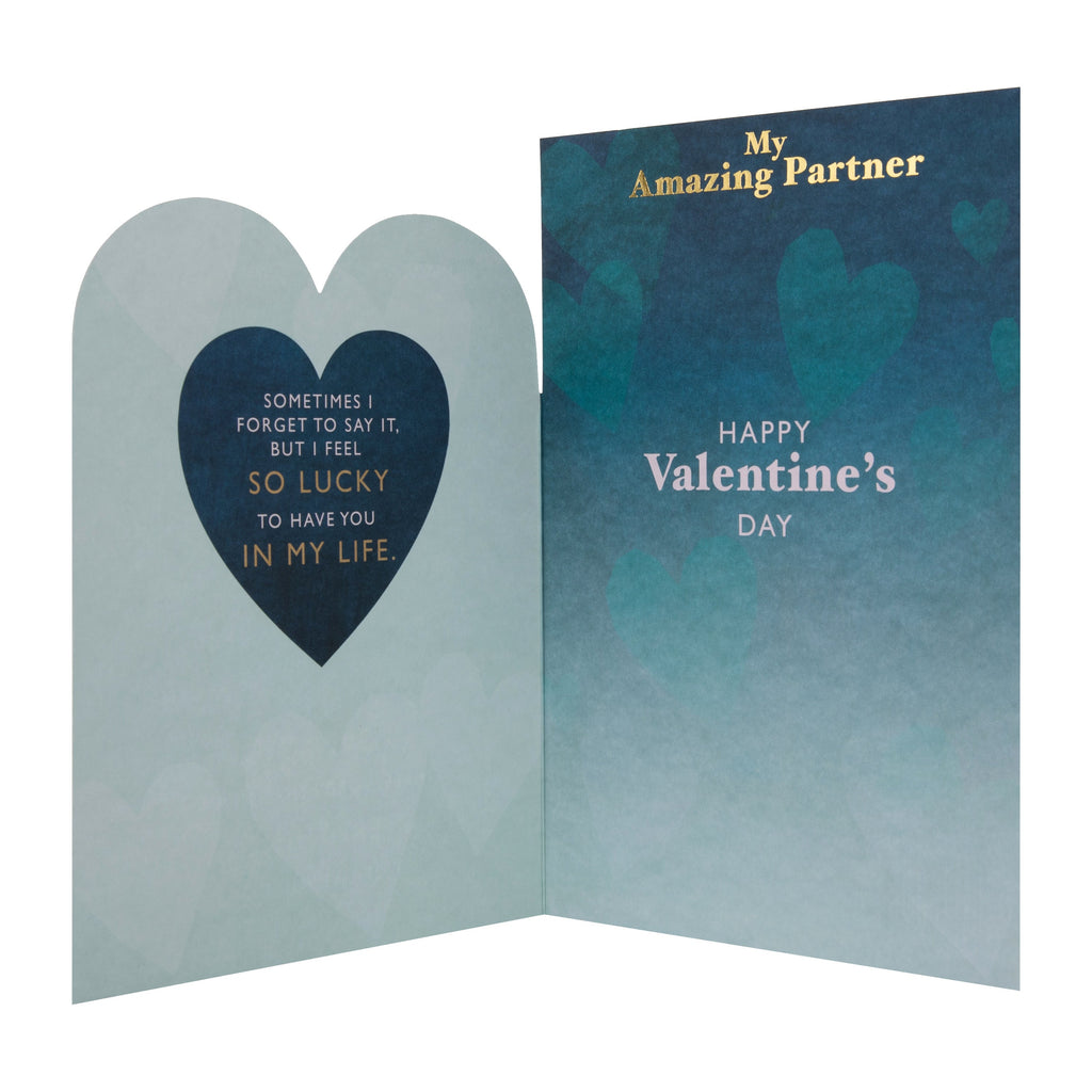 Valentine's Day Card for Partner - Blue with Gold Heart Design