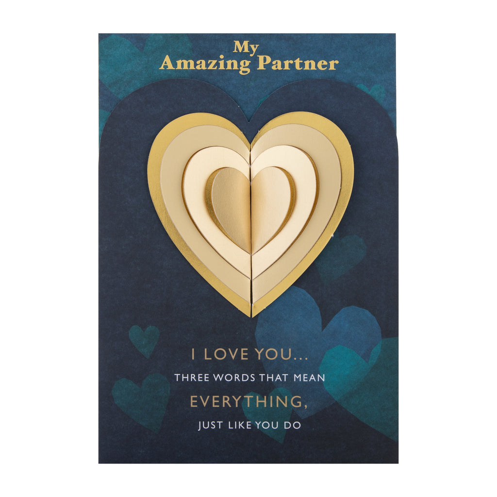 Valentine's Day Card for Partner - Blue with Gold Heart Design