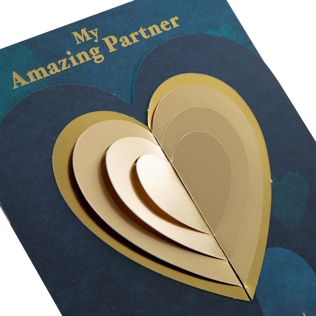 Valentine's Day Card for Partner - Blue with Gold Heart Design