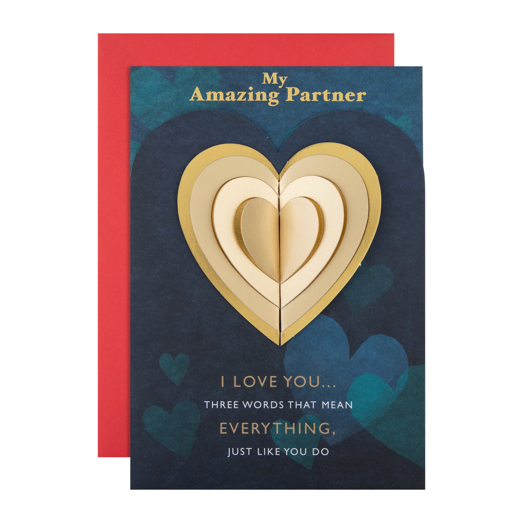 Valentine's Day Card for Partner - Blue with Gold Heart Design