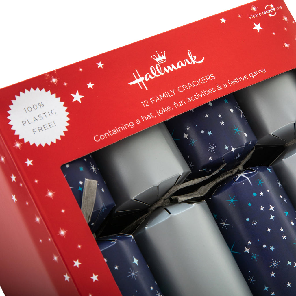 Christmas Crackers - Pack of 12 in 2 Silver & Stars Designs