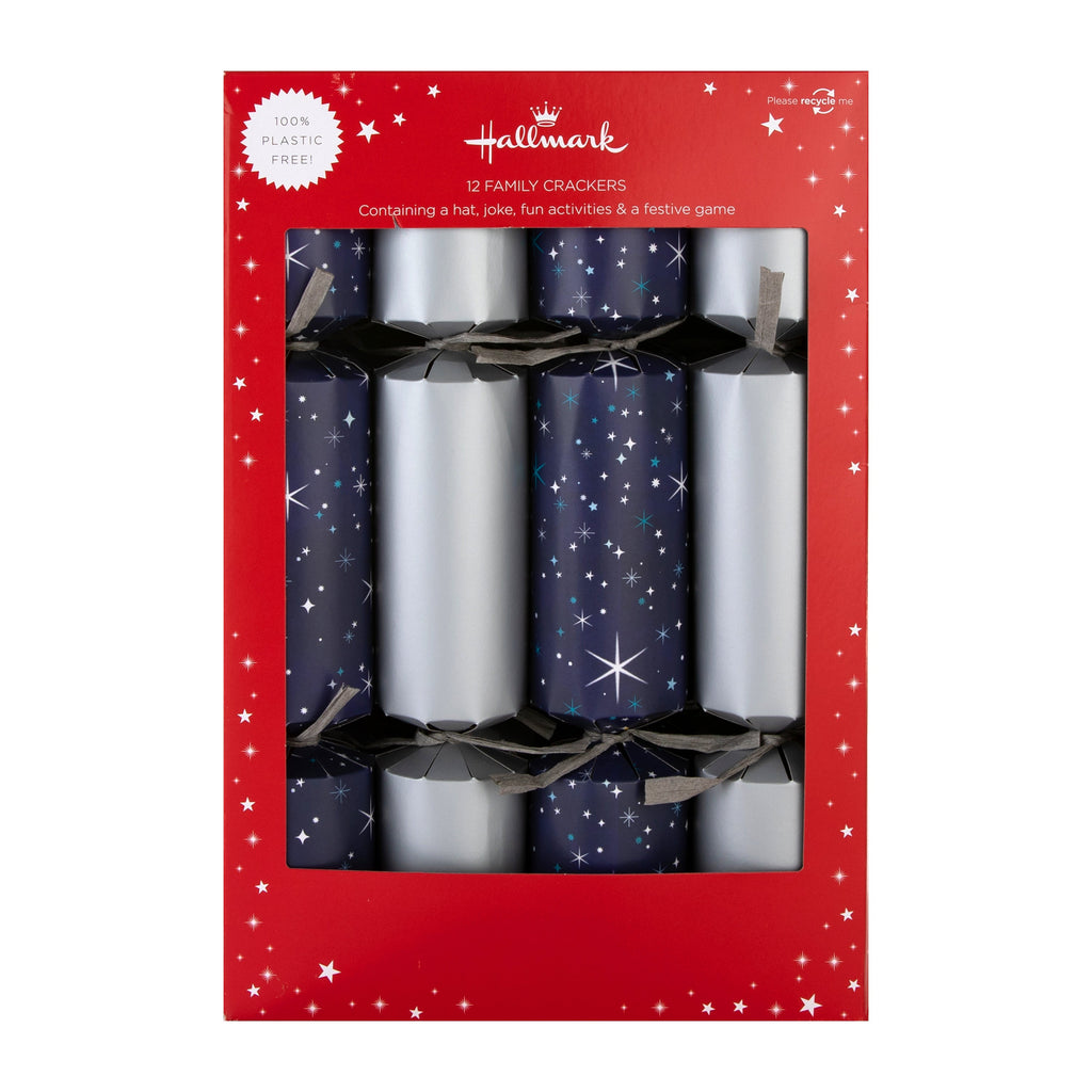 Christmas Crackers - Pack of 12 in 2 Silver & Stars Designs