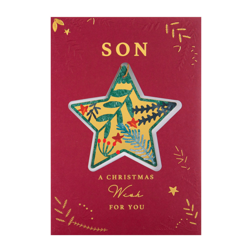 Christmas Card for Son - Traditional Foliage & Bauble Design with Keepsake