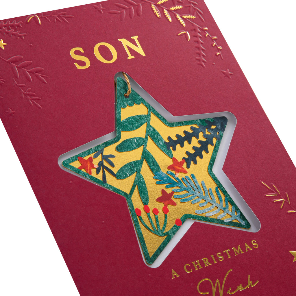 Christmas Card for Son - Traditional Foliage & Bauble Design with Keepsake