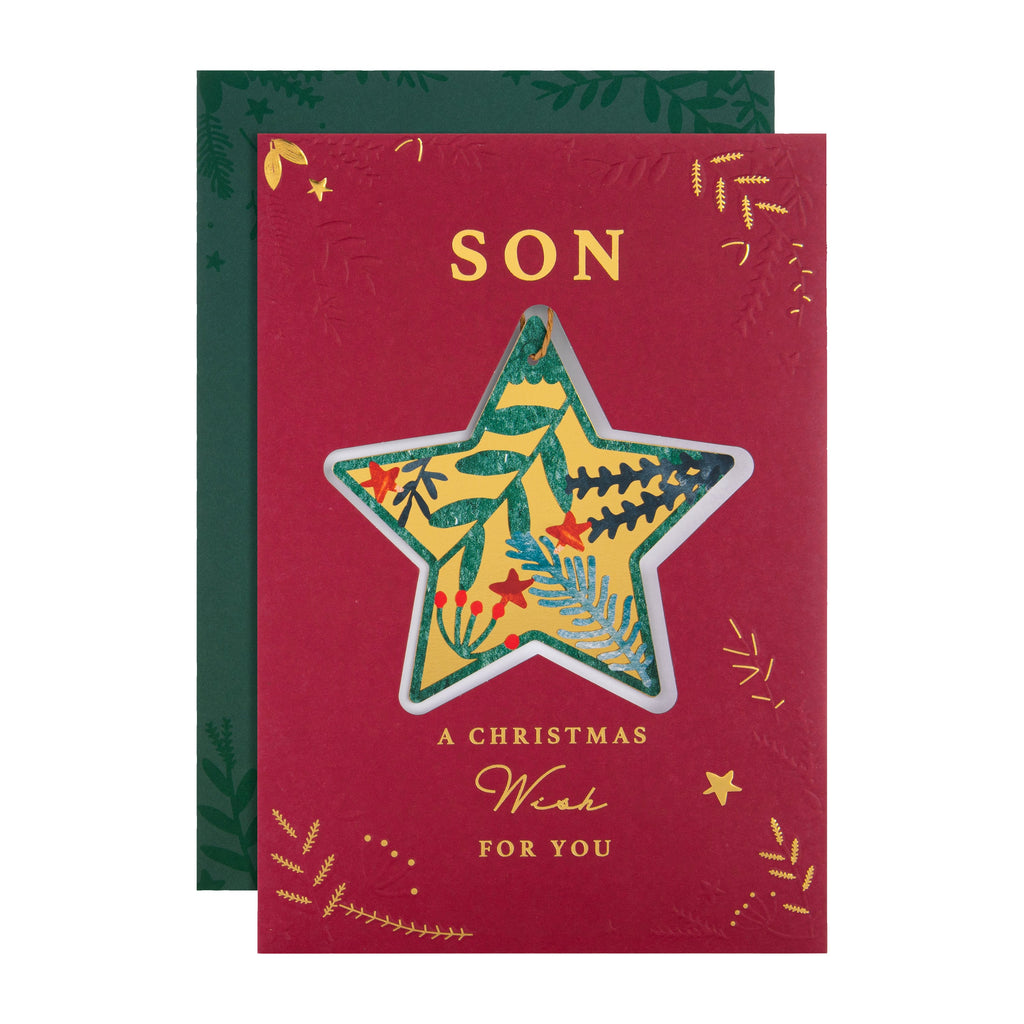 Christmas Card for Son - Traditional Foliage & Bauble Design with Keepsake