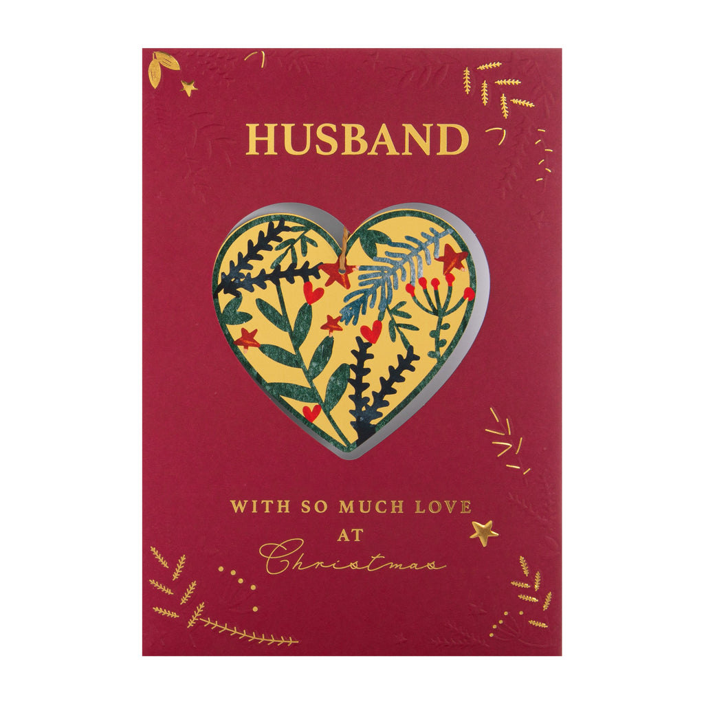 Christmas Card for Husband - Traditional Foliage & Bauble Design with Keepsake