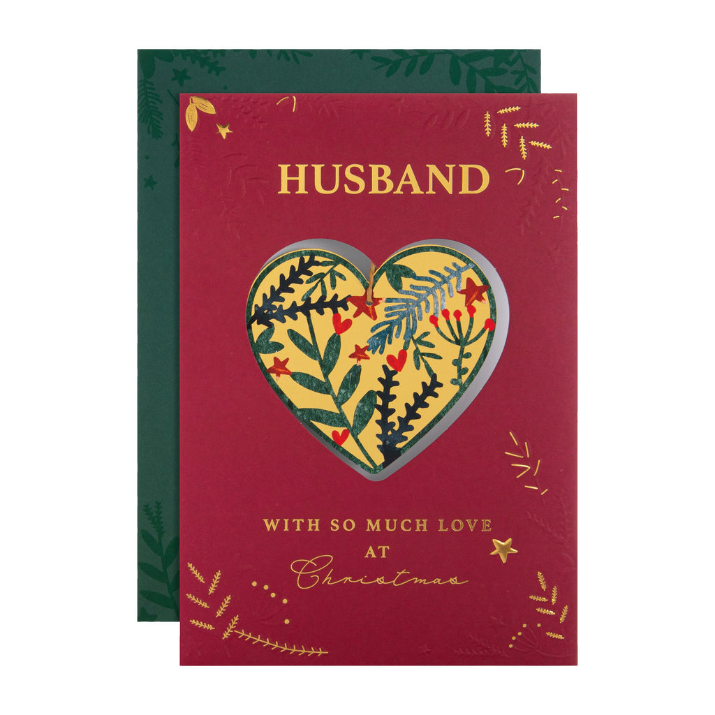 Christmas Card for Husband - Traditional Foliage & Bauble Design with Keepsake