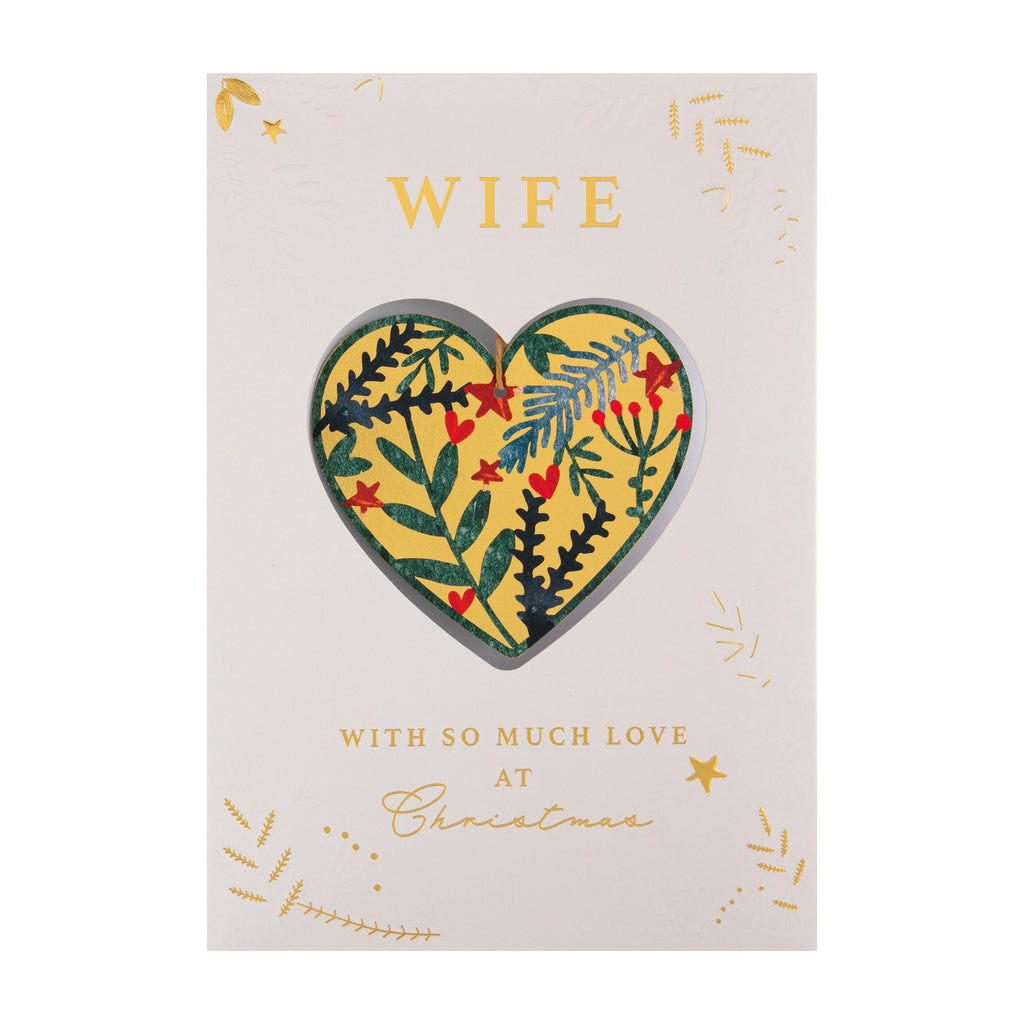 Christmas Card for Wife - Traditional Foliage & Bauble Design with Keepsake