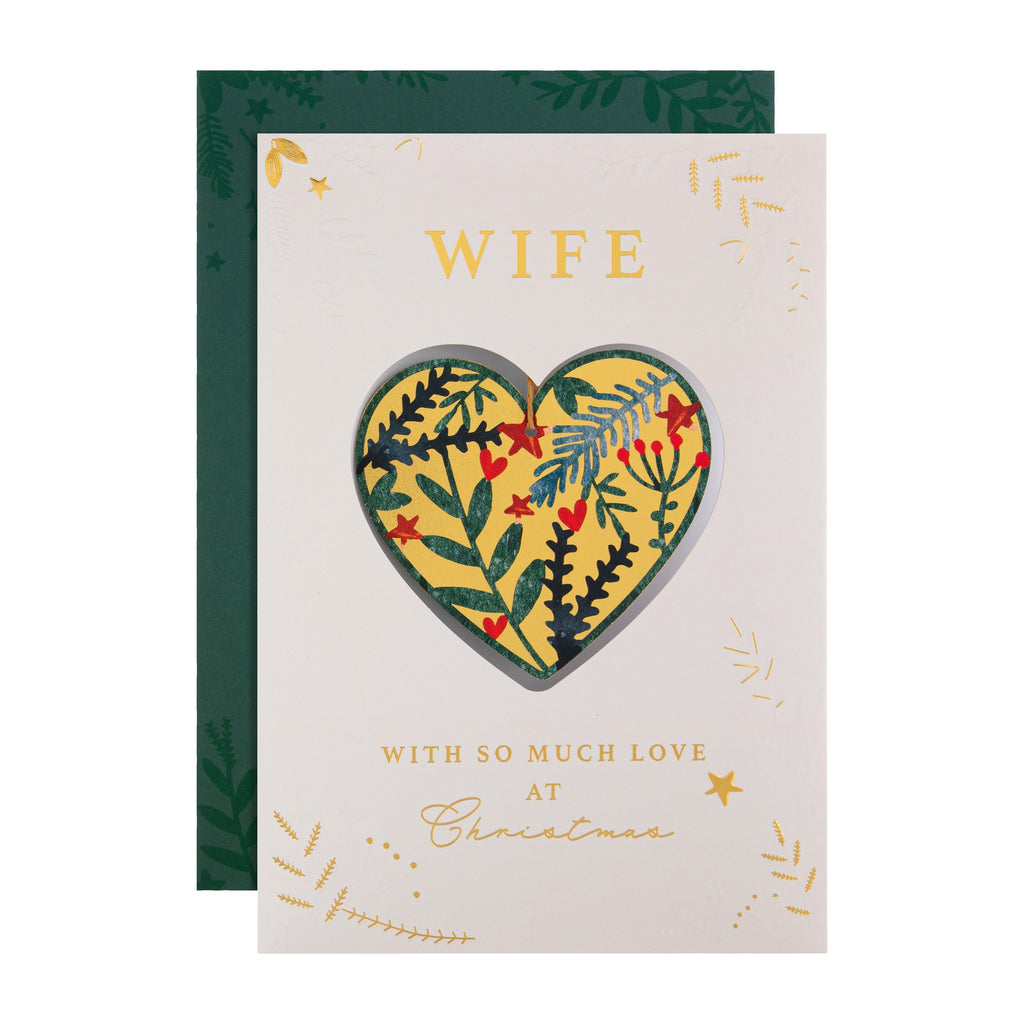 Christmas Card for Wife - Traditional Foliage & Bauble Design with Keepsake