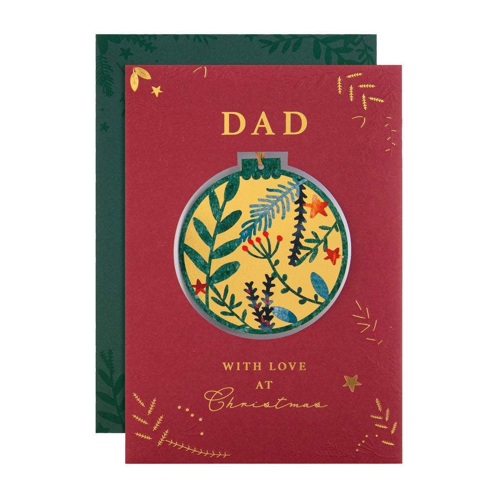 Christmas Card for Dad - Traditional Foliage & Bauble Design with Keepsake