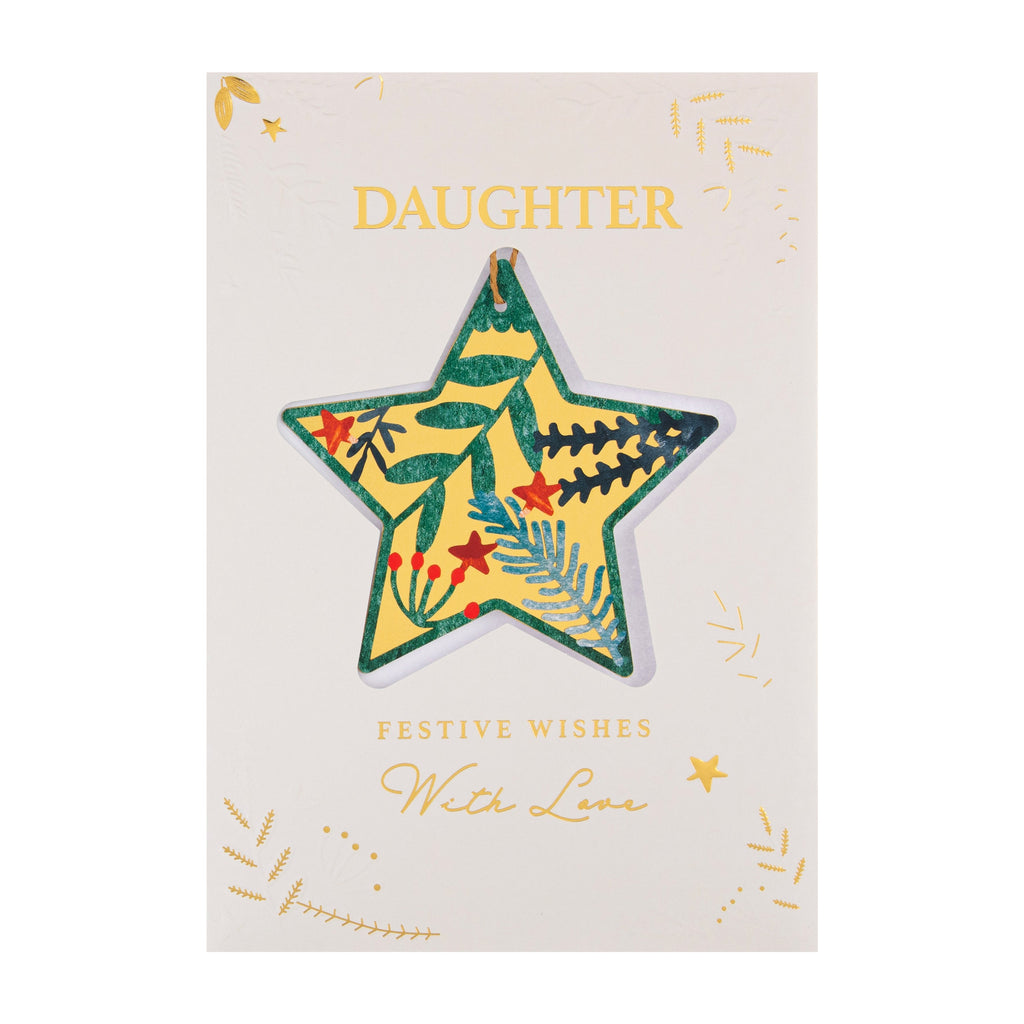 Christmas Card for Daughter - Traditional Foliage & Bauble Design with Keepsake