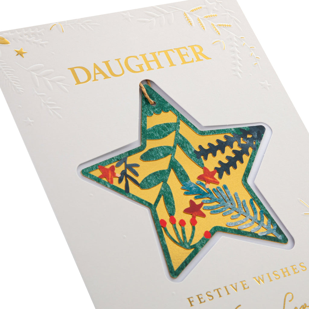 Christmas Card for Daughter - Traditional Foliage & Bauble Design with Keepsake