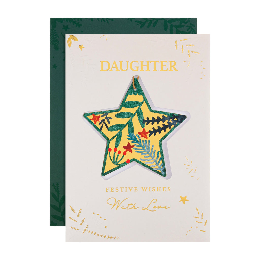 Christmas Card for Daughter - Traditional Foliage & Bauble Design with Keepsake