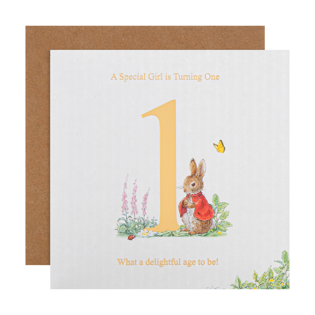 1st Birthday Card for Little Girl - Beatrix Potter's Flopsy Bunny Design