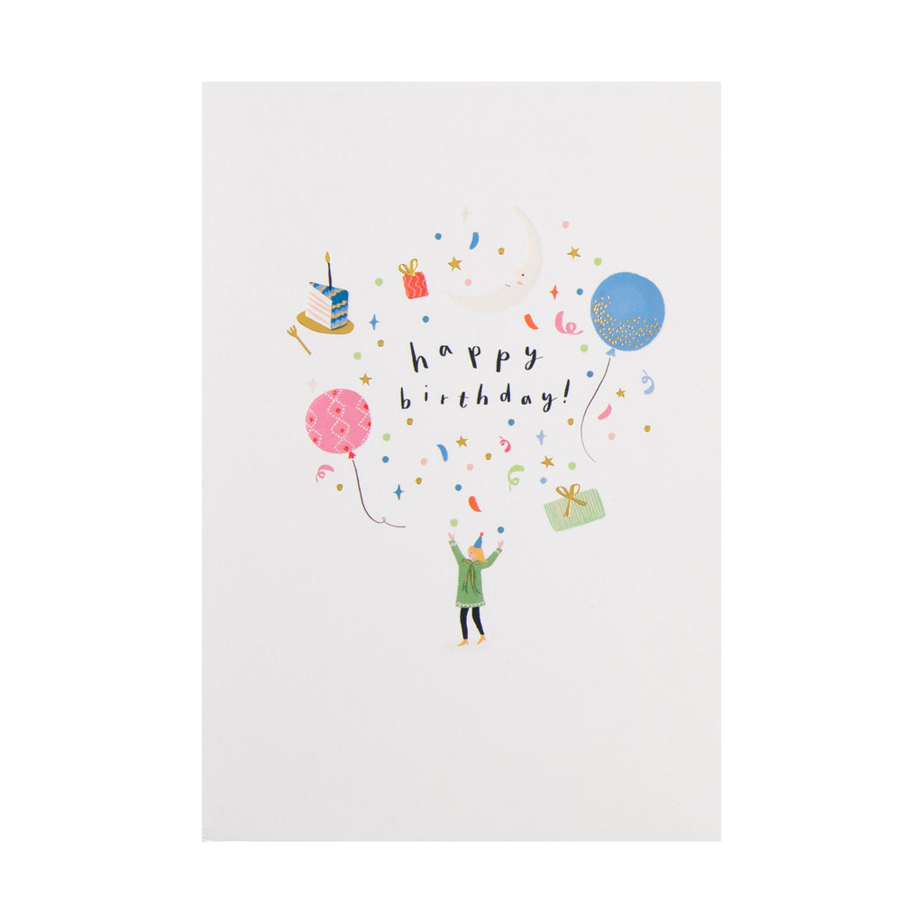 Daydream Wishes Birthday Card - Tiny person with cake, balloons and presents