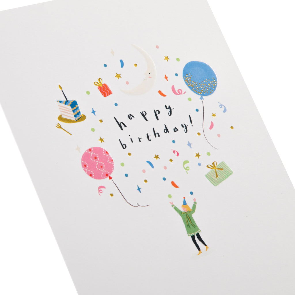 Daydream Wishes Birthday Card - Tiny person with cake, balloons and presents