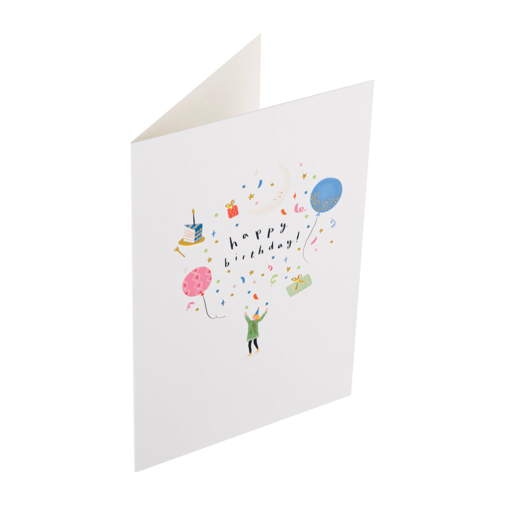 Daydream Wishes Birthday Card - Tiny person with cake, balloons and presents