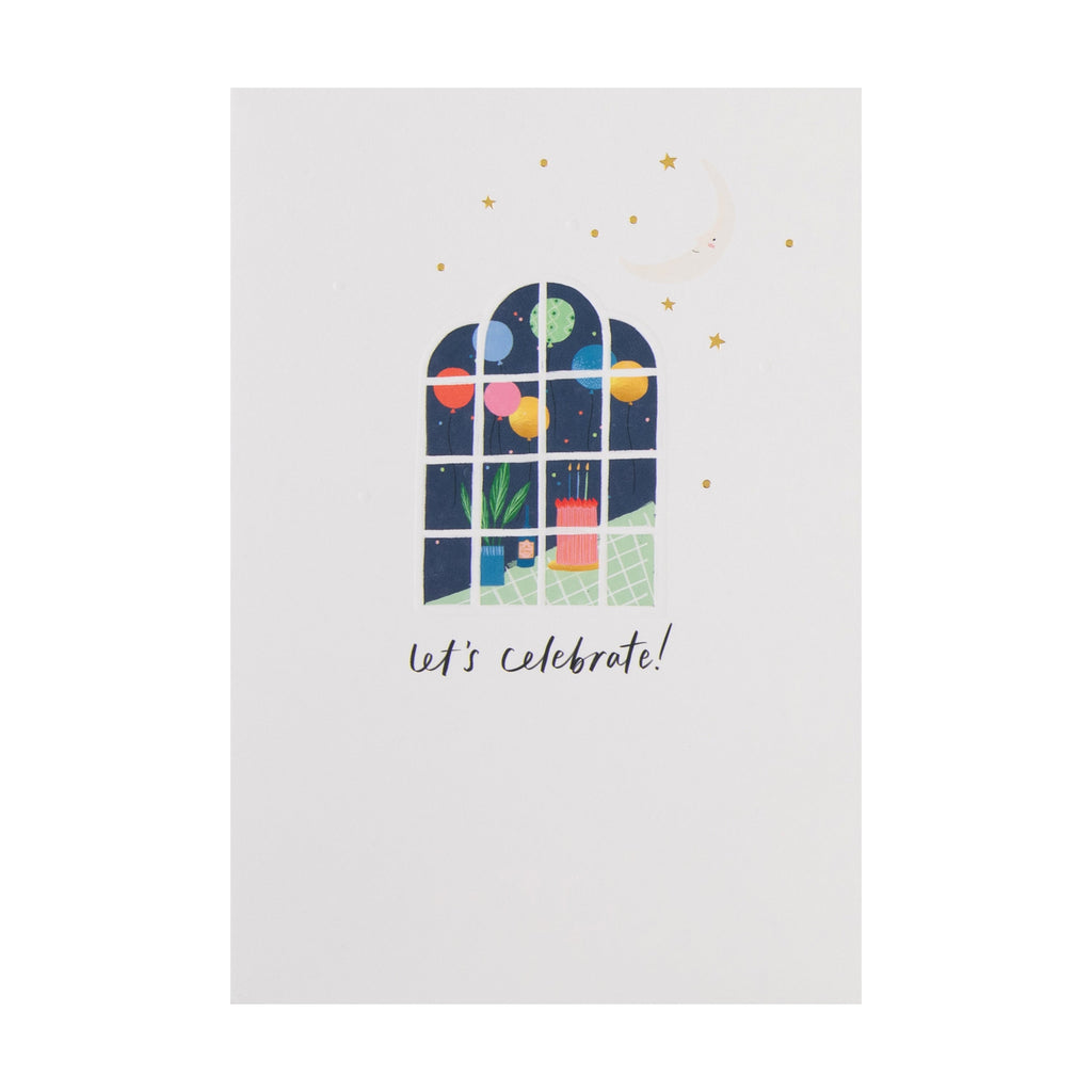 Daydream Wishes Birthday Card - Window with cake and balloons