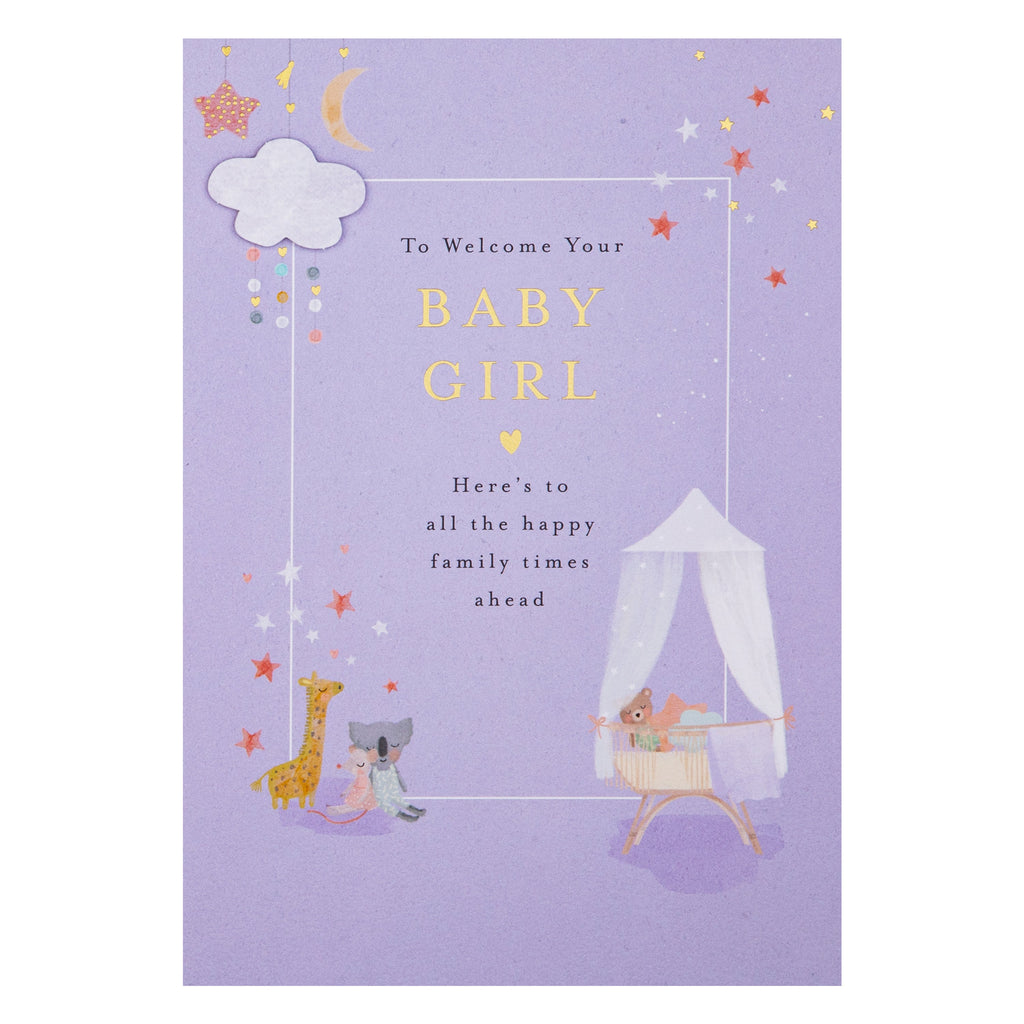 New Baby Card for Baby Girl - Lucy Cromwell Crib & Toy Animals Design