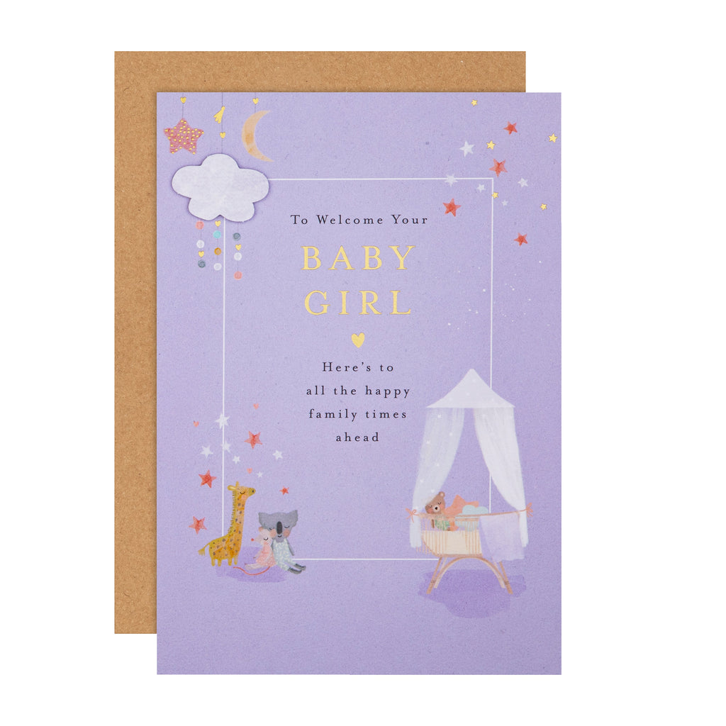 New Baby Card for Baby Girl - Lucy Cromwell Crib & Toy Animals Design