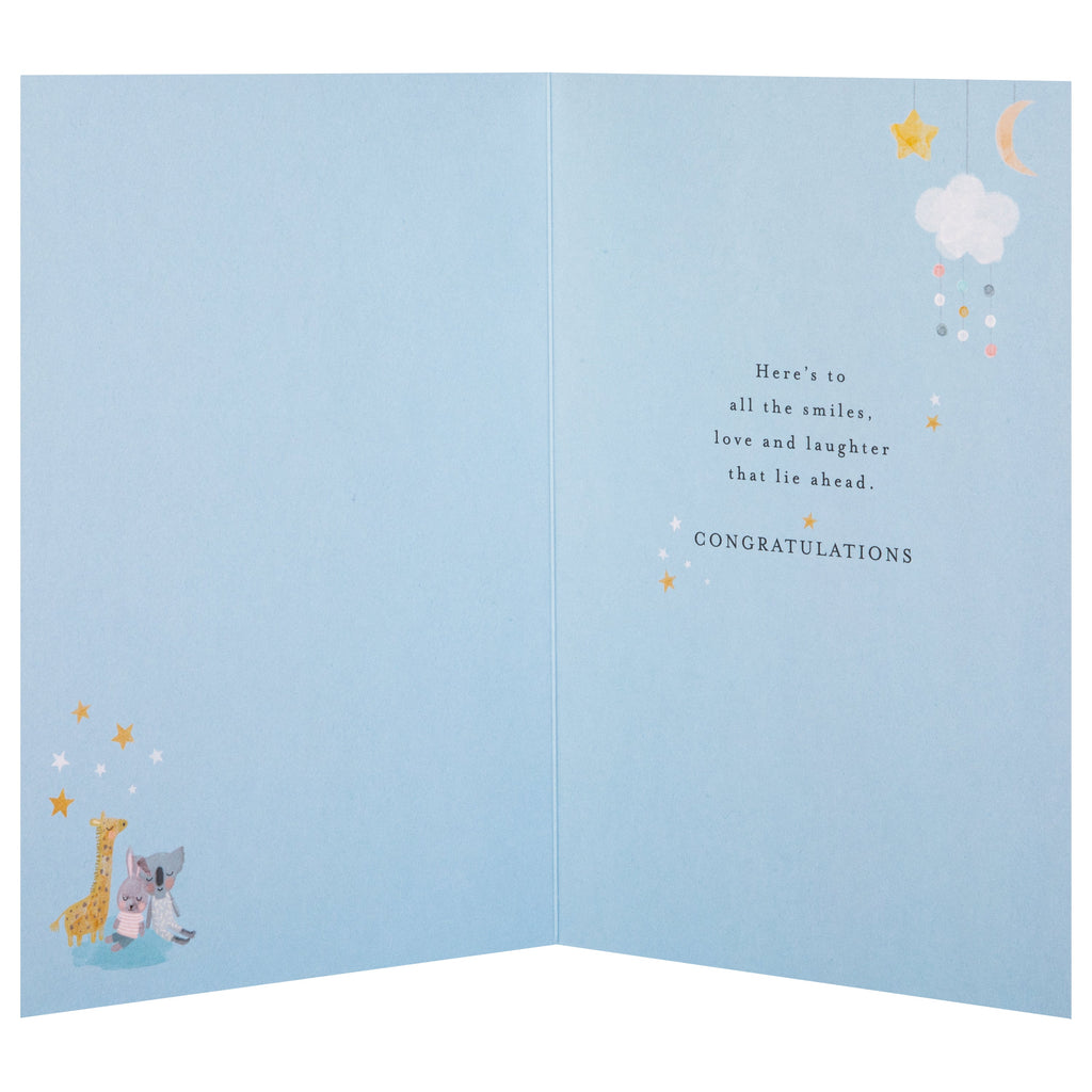 New Baby Card for Baby Boy - Lucy Cromwell Crib & Toy Animals Design