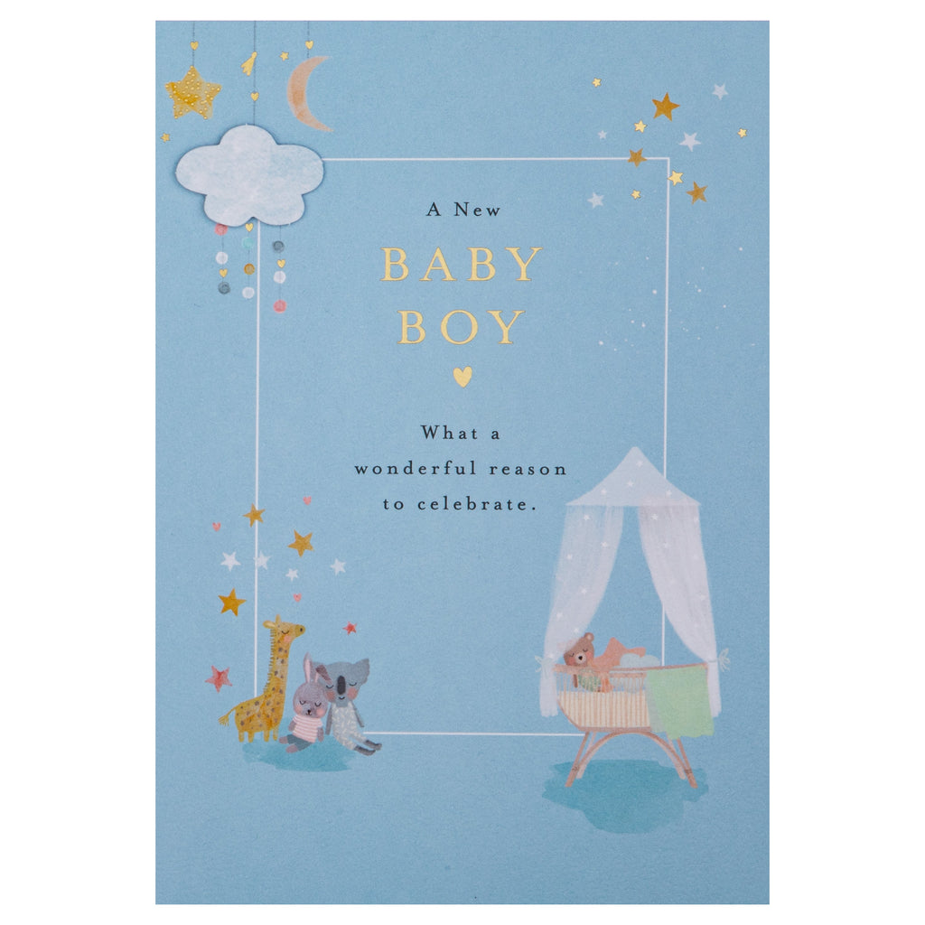 New Baby Card for Baby Boy - Lucy Cromwell Crib & Toy Animals Design