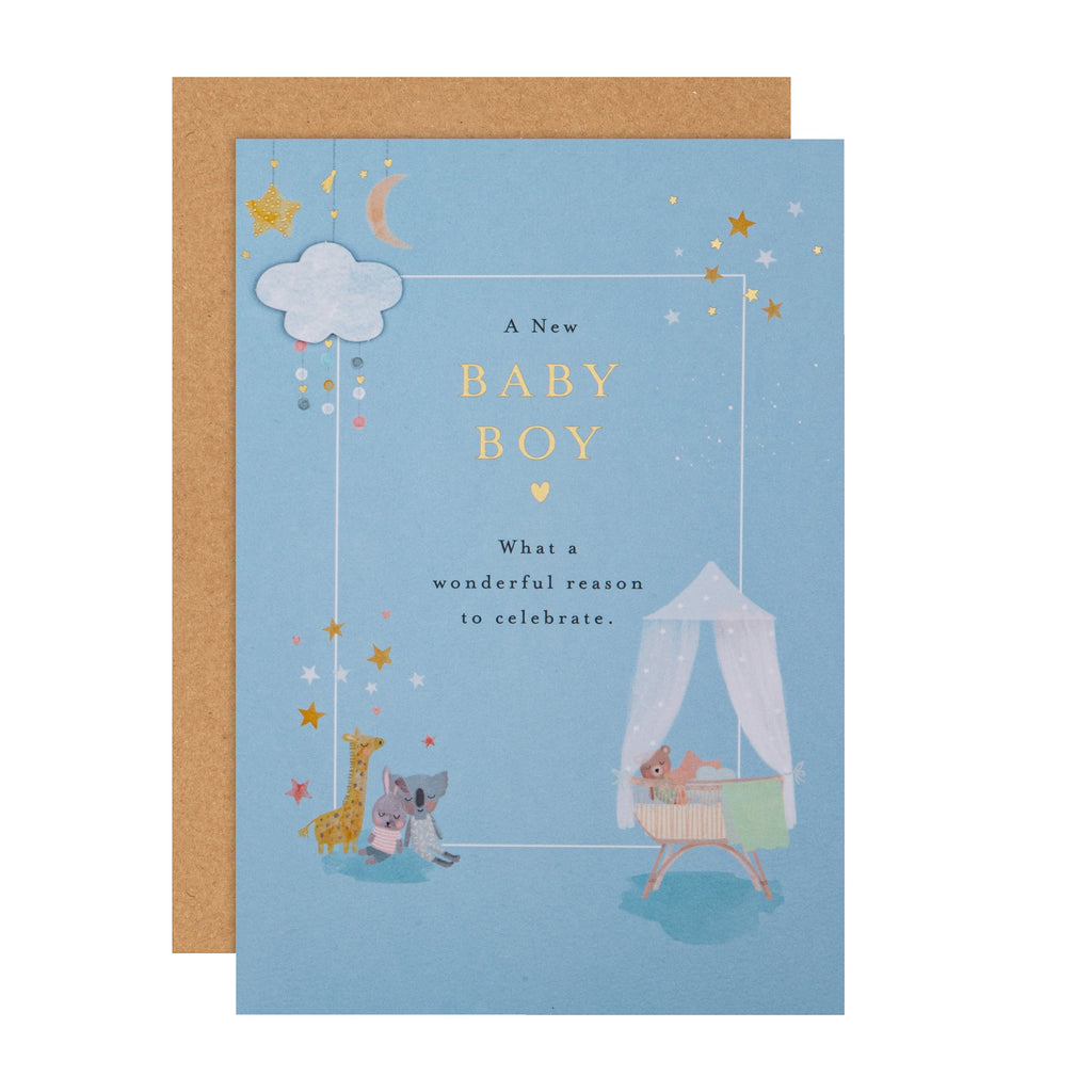 New Baby Card for Baby Boy - Lucy Cromwell Crib & Toy Animals Design