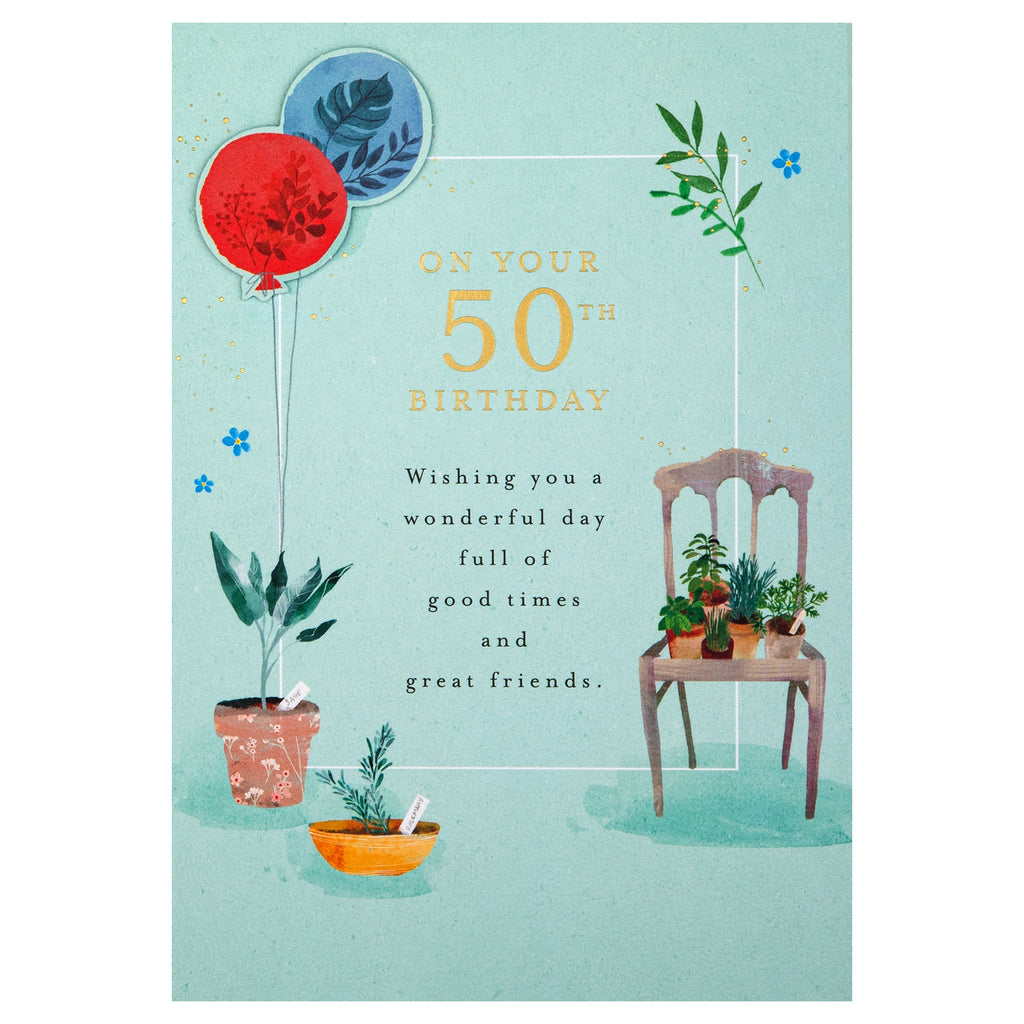 50th Birthday Card - Lucy Cromwell Balloons & Plants Design