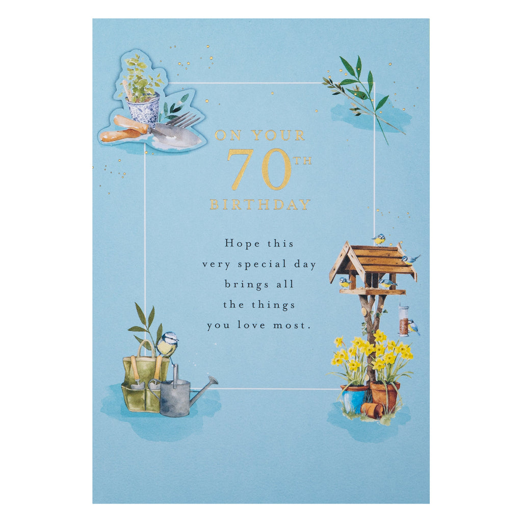 70th Birthday Card - Lucy Cromwell Garden Birds, Plants & Flowers Design