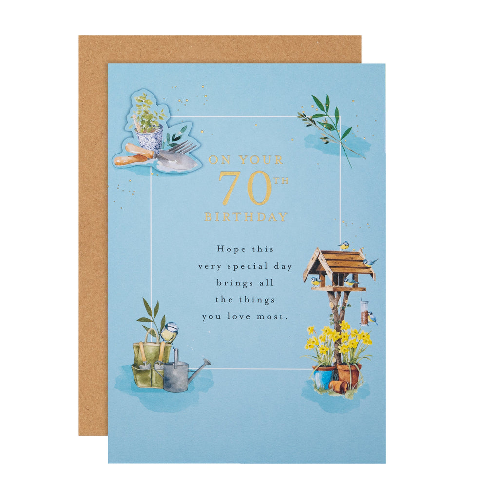 70th Birthday Card - Lucy Cromwell Garden Birds, Plants & Flowers Design