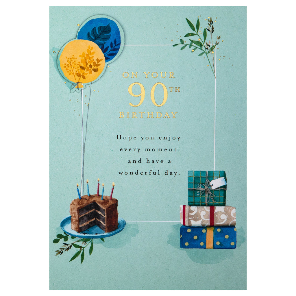 90th Birthday Card - Lucy Cromwell Cake, Balloons & Gifts Design