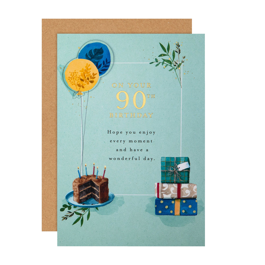 90th Birthday Card - Lucy Cromwell Cake, Balloons & Gifts Design